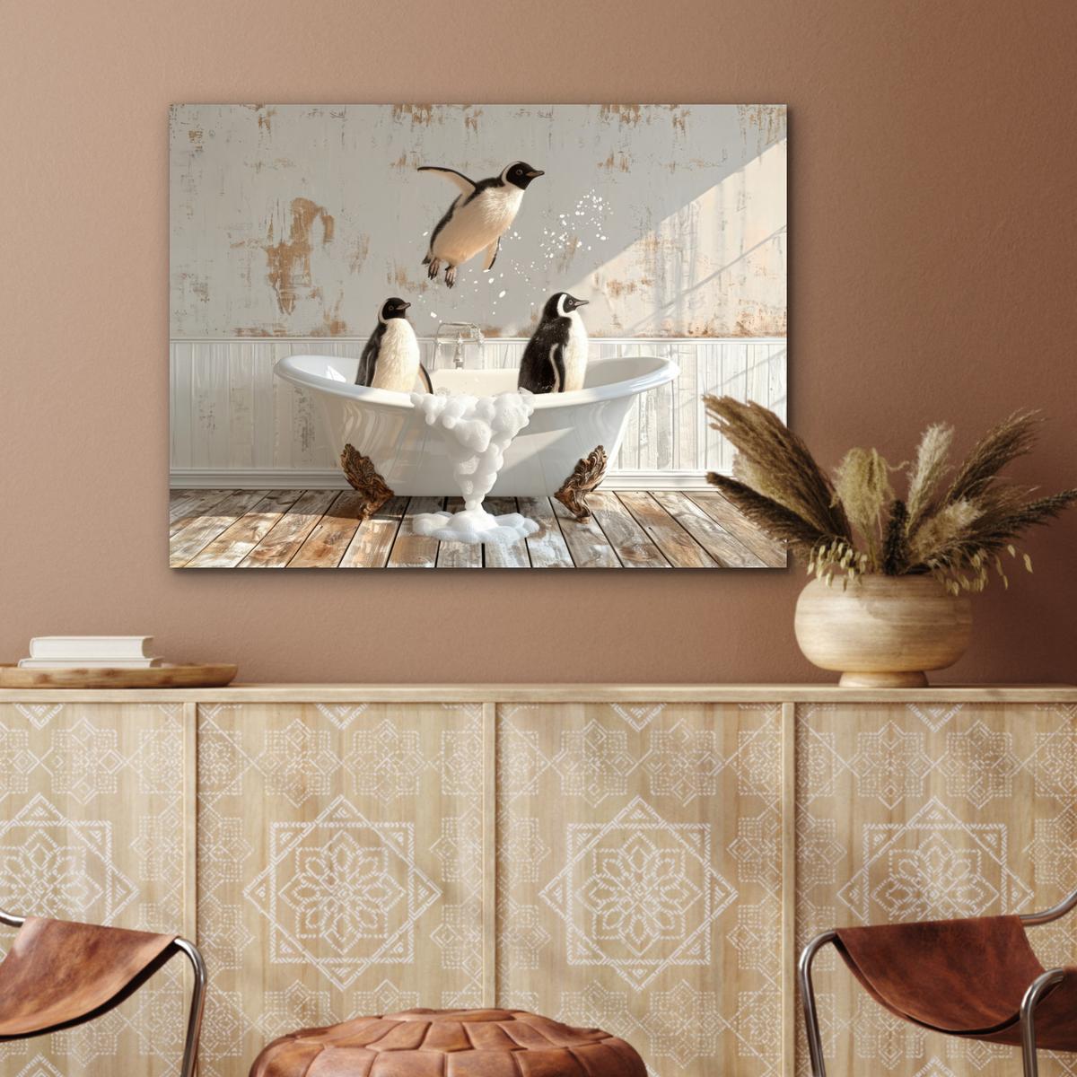 METALLBILD Vintage - Pinguin - Badewanne - Schaumstoff 80x60 cm - Schwarz, Metall (80/60cm) - MuchoWow