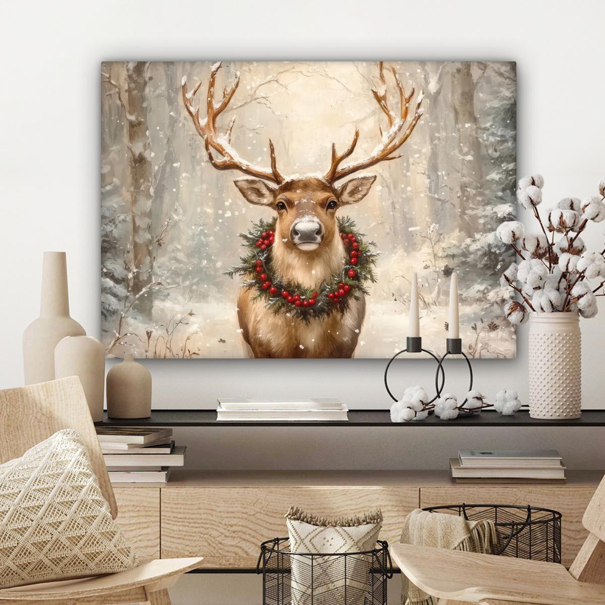 LEINWANDBILD Weihnachten - Rentier - Winter - Kranz Wandbilder 80x60 cm - Naturfarben, Textil (80/60cm) - MuchoWow