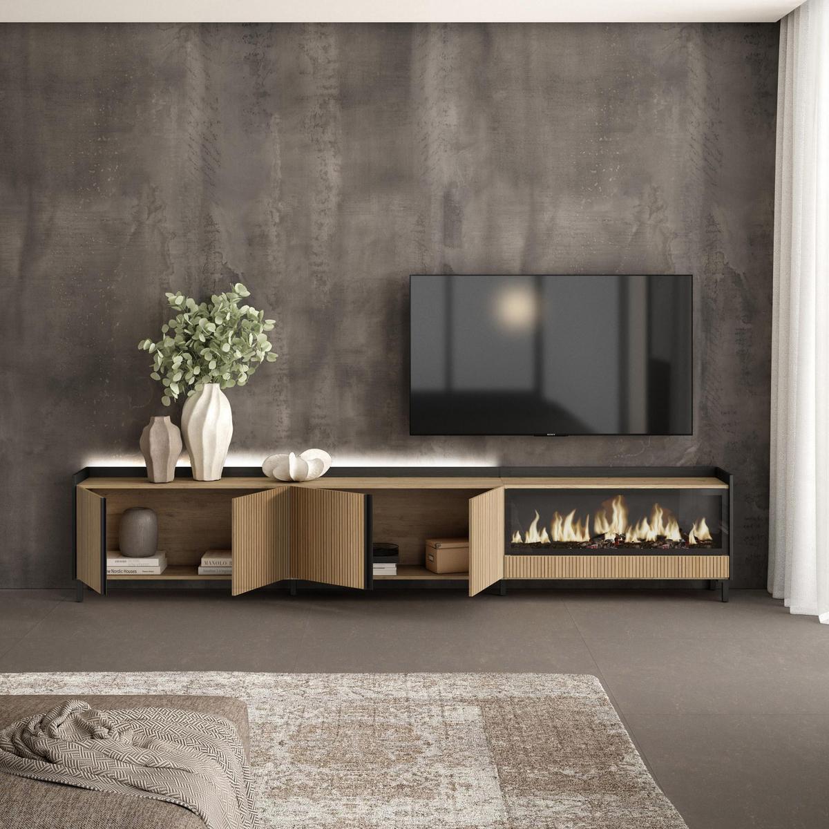 LOWBOARD, Eiche und Schwarz, 315/35/61cm, Elektrokamin XXL, Industriedesign, Led - Eichefarben, Holzwerkstoff (315/61/35cm) - Skraut Home