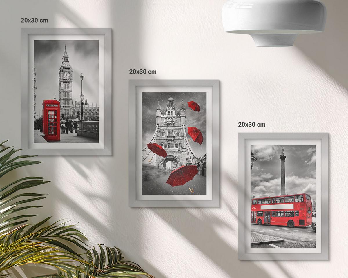 BILDER SET 3er Set - 20x30 cm Silberner Rahmen - Roter Regenschirmstand und Londoner Bus - Silberfarben, Kunststoff (20/30cm) - TULUP