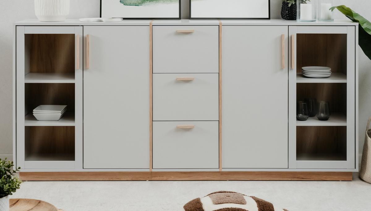 SIDEBOARD grau, Hickory Walnuss 204 cm, Kommode mit viel Stauraum - Walnussfarben/Hellgrau, Glas/Holzwerkstoff (204/94/40cm) - Furn.Design