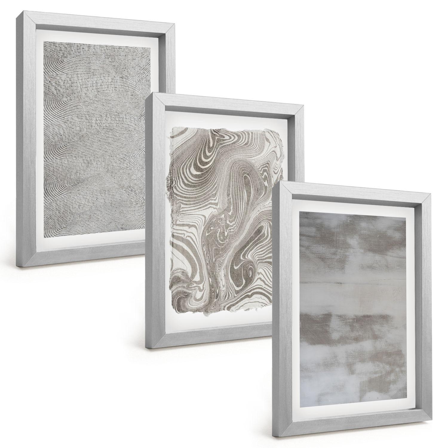 BILDER SET 3er Set - 20x30 cm Silberner Rahmen - Industrielle abstrakte Muster - Silberfarben, Kunststoff (20/30cm) - TULUP