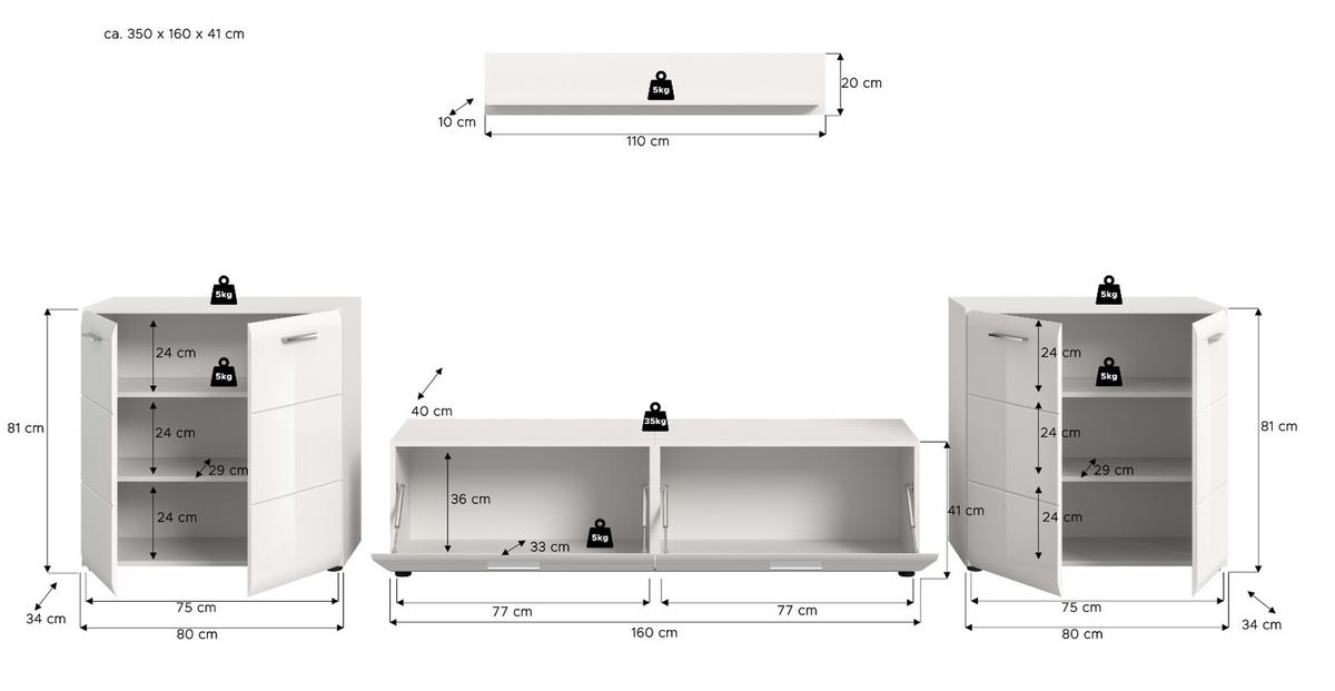WOHNWAND weiß Hochglanz 4-teilig 350 cm, Schrankwand mit viel Stauraum - Weiß Hochglanz/Silberfarben, Glas/Holzwerkstoff (350/160/41cm) - Inn.Furn