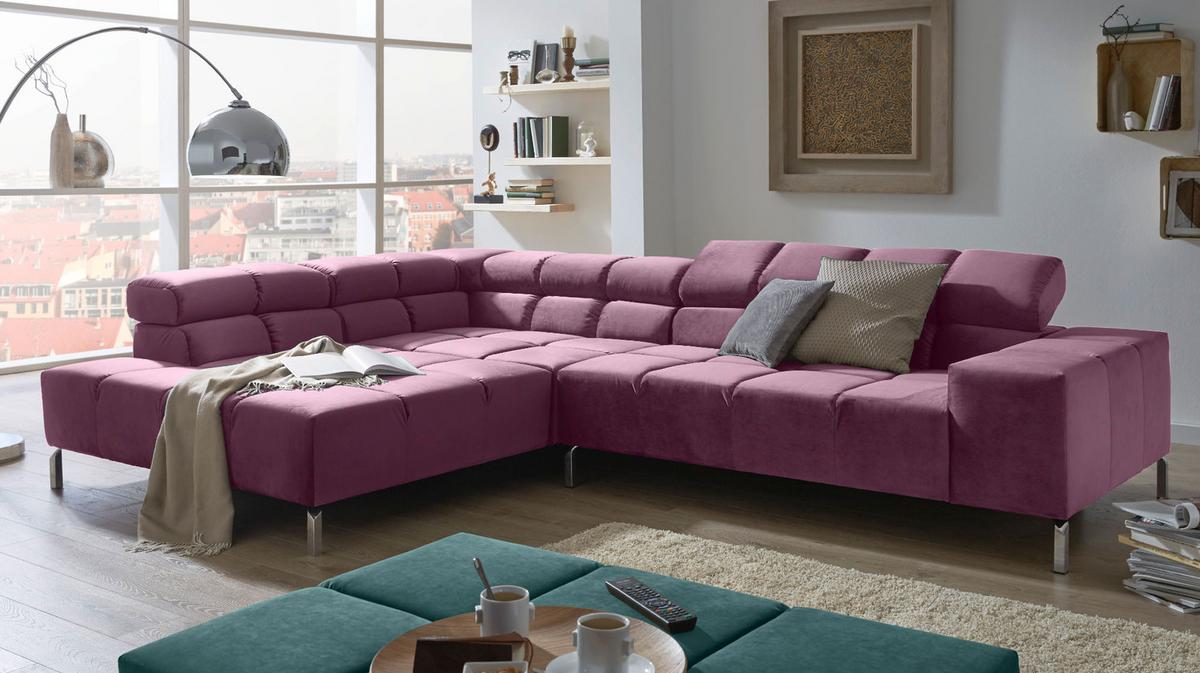ECKSOFA MIT MOTORISCHEM SITZVORZUG NELSON Violett Velvet Relaxfunktion - Violett/Silberfarben, Textil (321/216cm) - KAWOLA