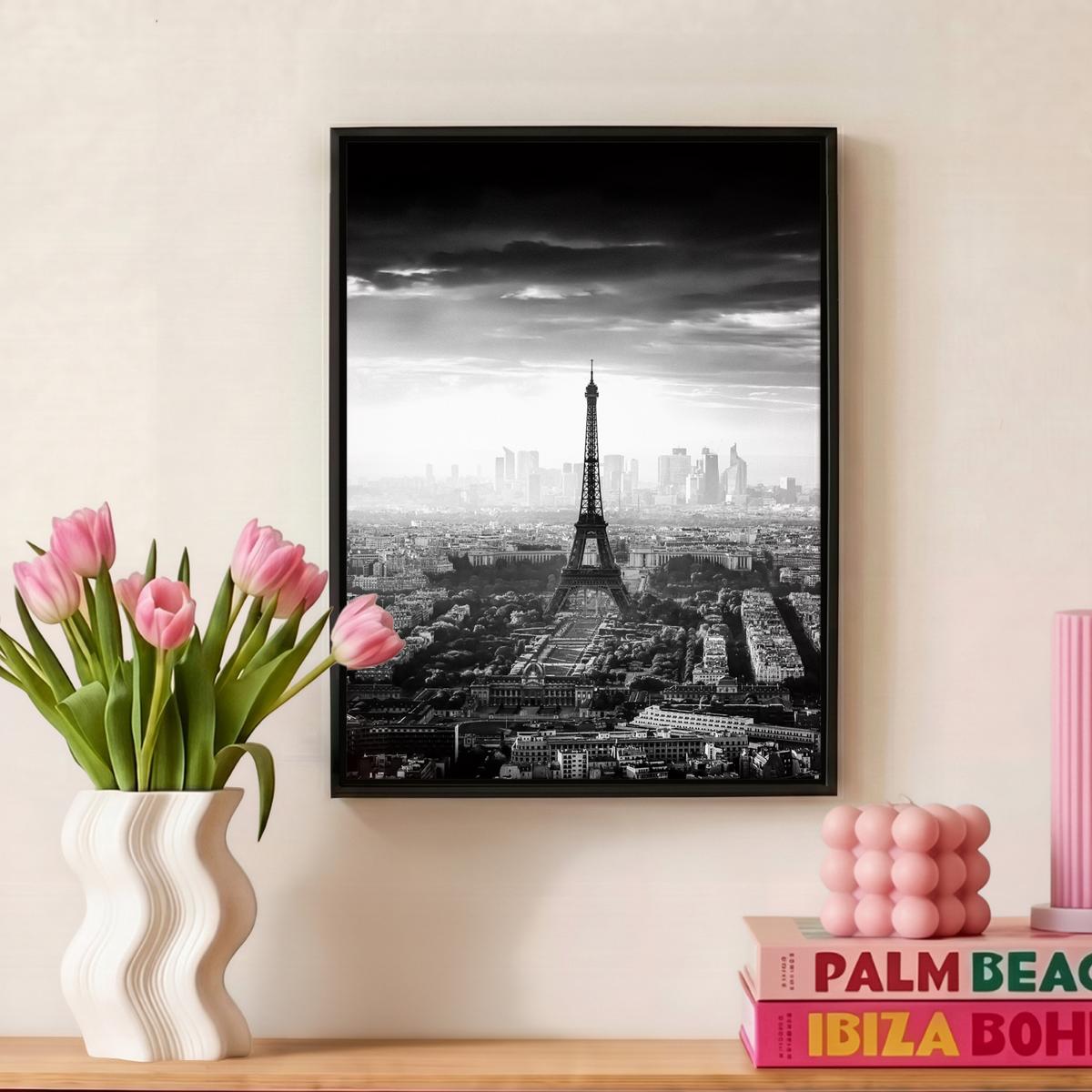 LEINWAND Bilder mit Rahmen - Paris - Skyline - Eiffelturm - Stadt - Wolken - 30x40 - Dunkelgrau, Textil (30/40cm) - MuchoWow