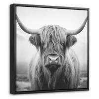 LEINWAND Bilder mit Rahmen - Schottischer Highlander - Nebel - Schwarz - Weiß - 20x20 - Grau, Textil (20/20cm) - MuchoWow