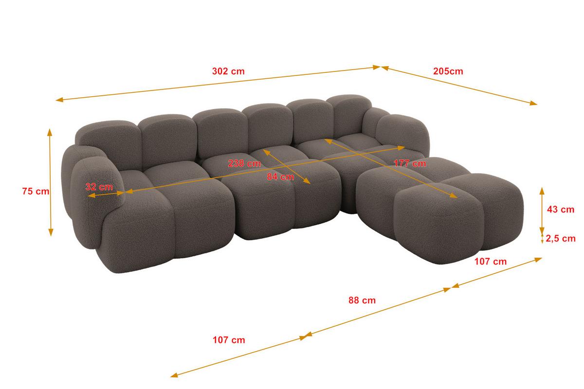 ECKSOFA modulares Sofa Rechts Miko-L2 302x205x75 Braun Bouclé - Dunkelbraun/Schwarz, Holzwerkstoff/Kunststoff (302/205cm) - ALTDECOR