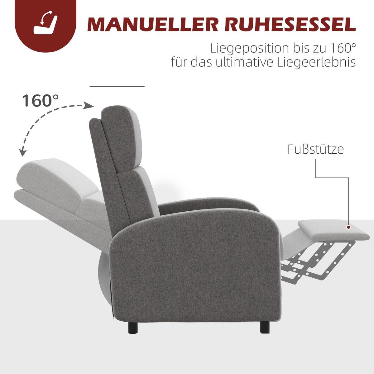 RELAXSESSEL gepolstert Fernsehsessel mit Liegefunktion bis 120 kg Belastbar Grau - Schwarz/Grau, Kunststoff/Textil (64/102/86cm) - HOMCOM