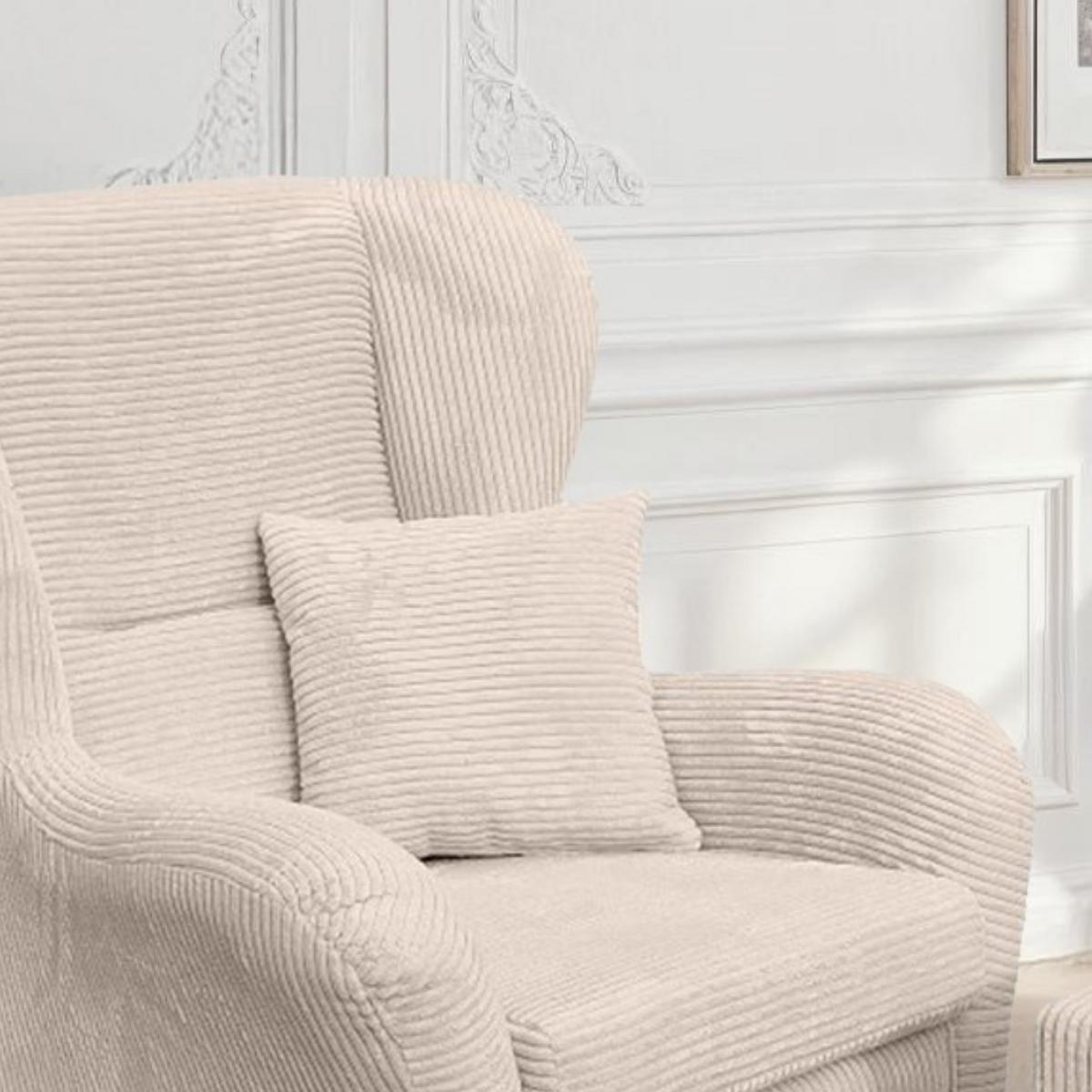 OHRENSESSEL mit HOCKER, hoher Sitzkomfort durch Wellenunterfederung B90/H98/T76 cm, Cord Beige Creme / 18017 - Beige/Schwarz, Holz/Textil (90/98/76cm) - luma-home