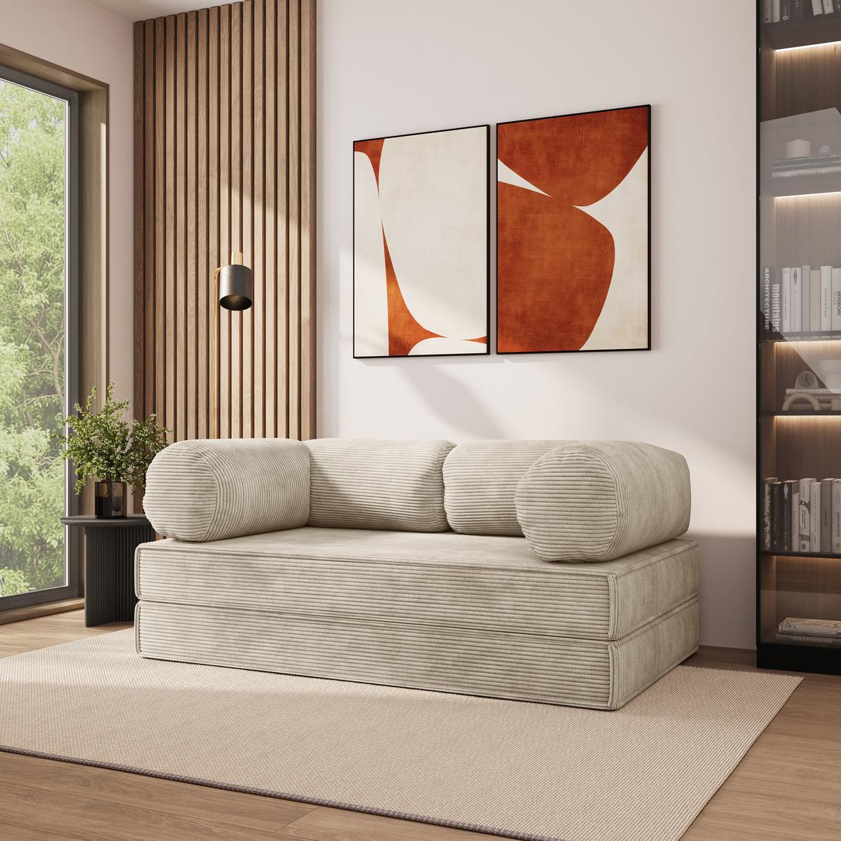 BETTSOFA ALVIO aus Schaumstoff Kordstoff Creme Schlaffunktion - Creme, Textil (170/68/80cm) - MASSENO