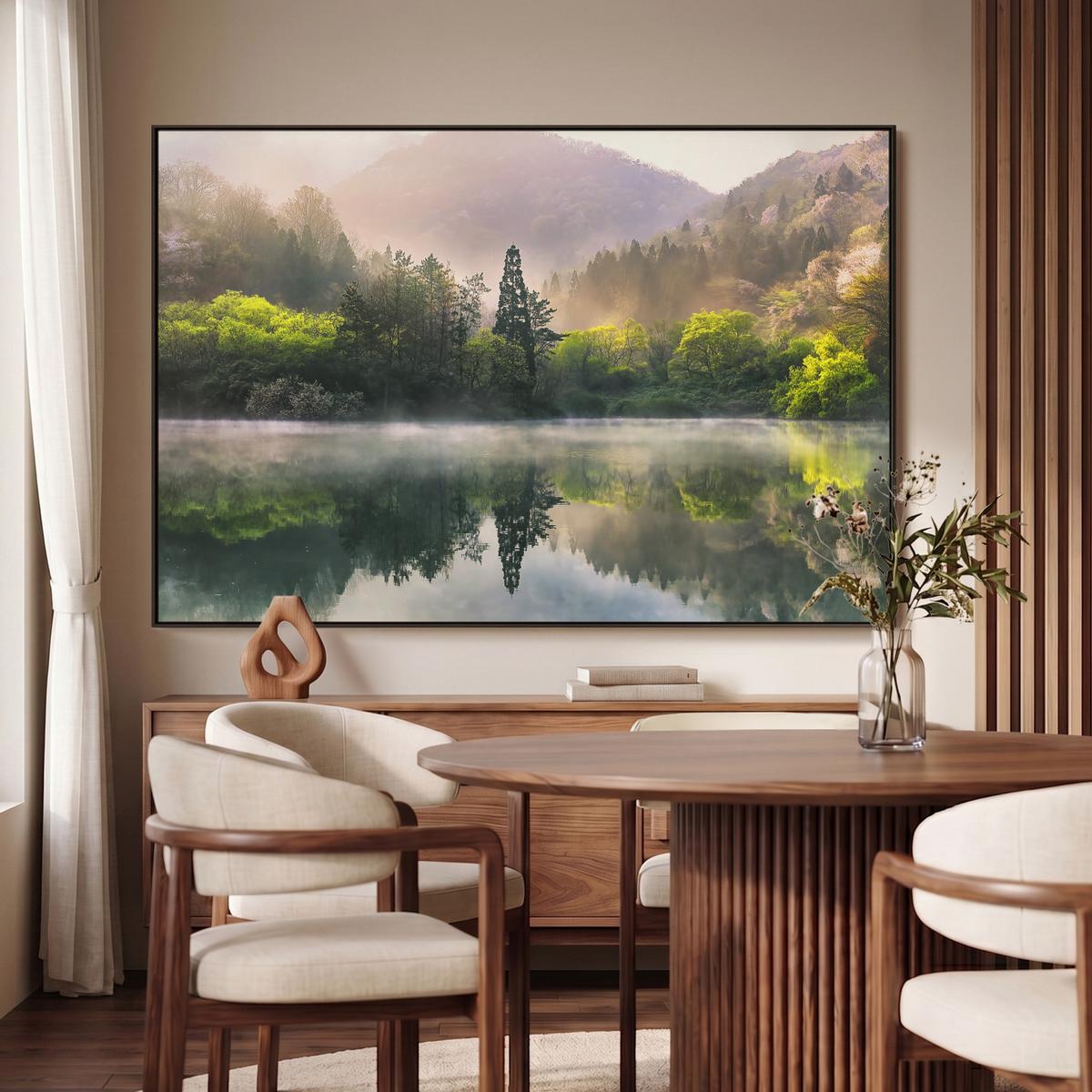 LEINWAND Bilder mit Rahmen - Natur - Bäume - Berge - See - Wasser - 140x90 - Hellgrün, Textil (140/90cm) - MuchoWow