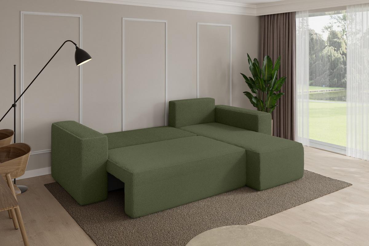 ECKSOFA mit Schlaffunktion Ottomane Rechts SENO-L 249x139x85 Grün Bouclé - Schwarz/Olivgrün, Holzwerkstoff/Kunststoff (249/139cm) - ALTDECOR
