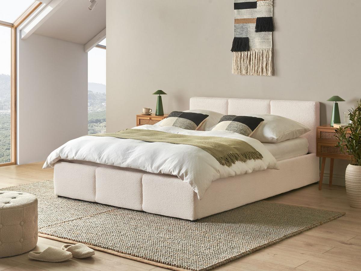 BETT mit Stauraum 140/200 cm Bouclé Cremeweiß Bousse - Creme, Textil (140/200cm) - Beliani