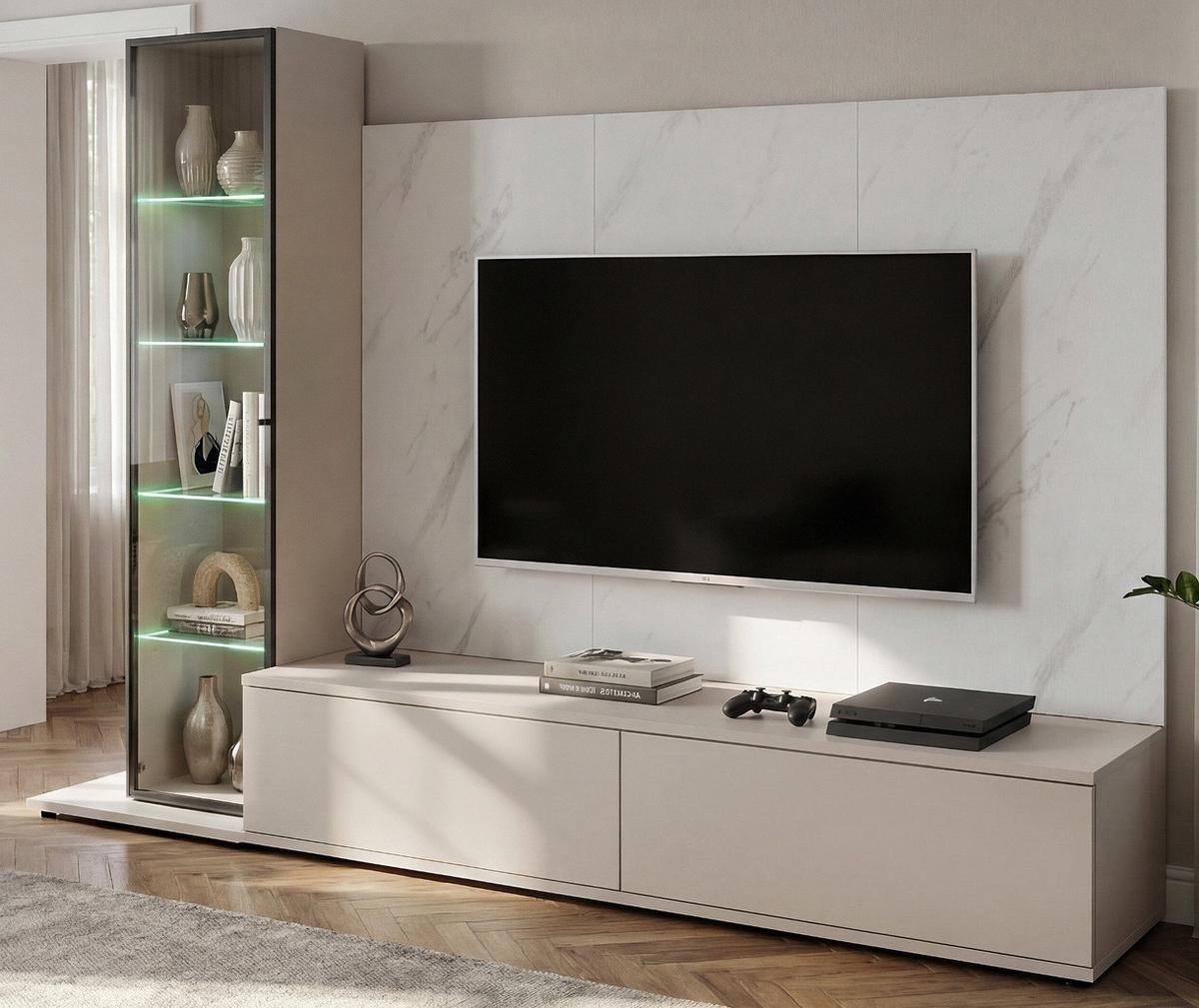 WOHNWAND kaschmir, Marmor weiß 240 cm, Schrankwand mit Wandpaneel, Beleuchtung, Push-to-Open - Kaschmir/Schwarz, Glas/Holzwerkstoff (240/175/45cm) - Inn.Furn