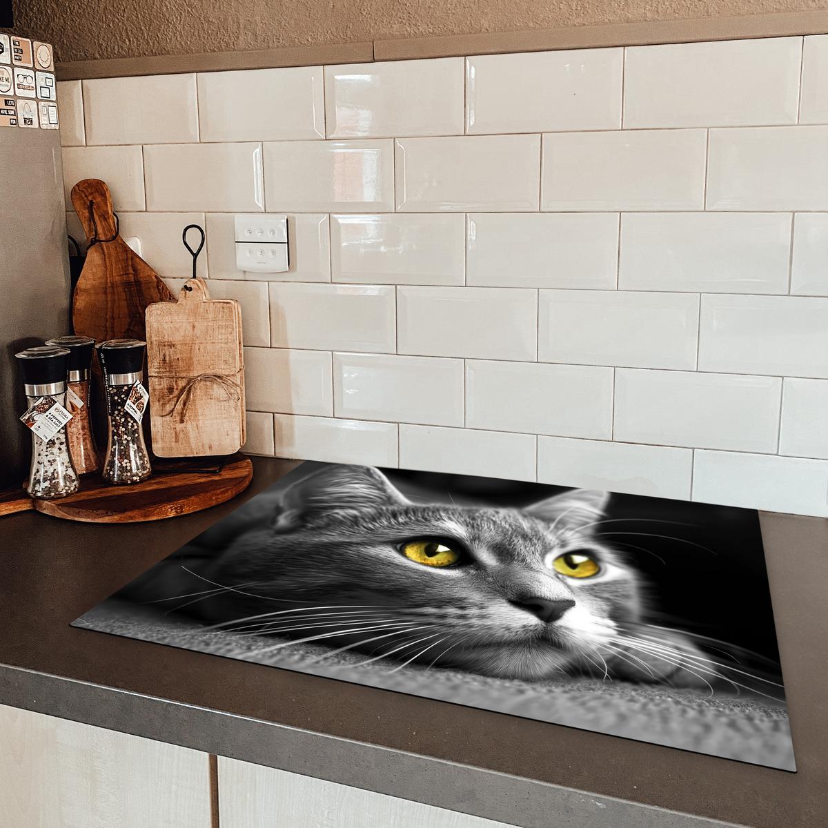 HERDABDECKPLATTE Katze - Grau - Tiere - Katze Herdabdeckung Induktionsfeld 70x52 cm - Grau, Kunststoff (70/52/0.2cm) - MuchoWow