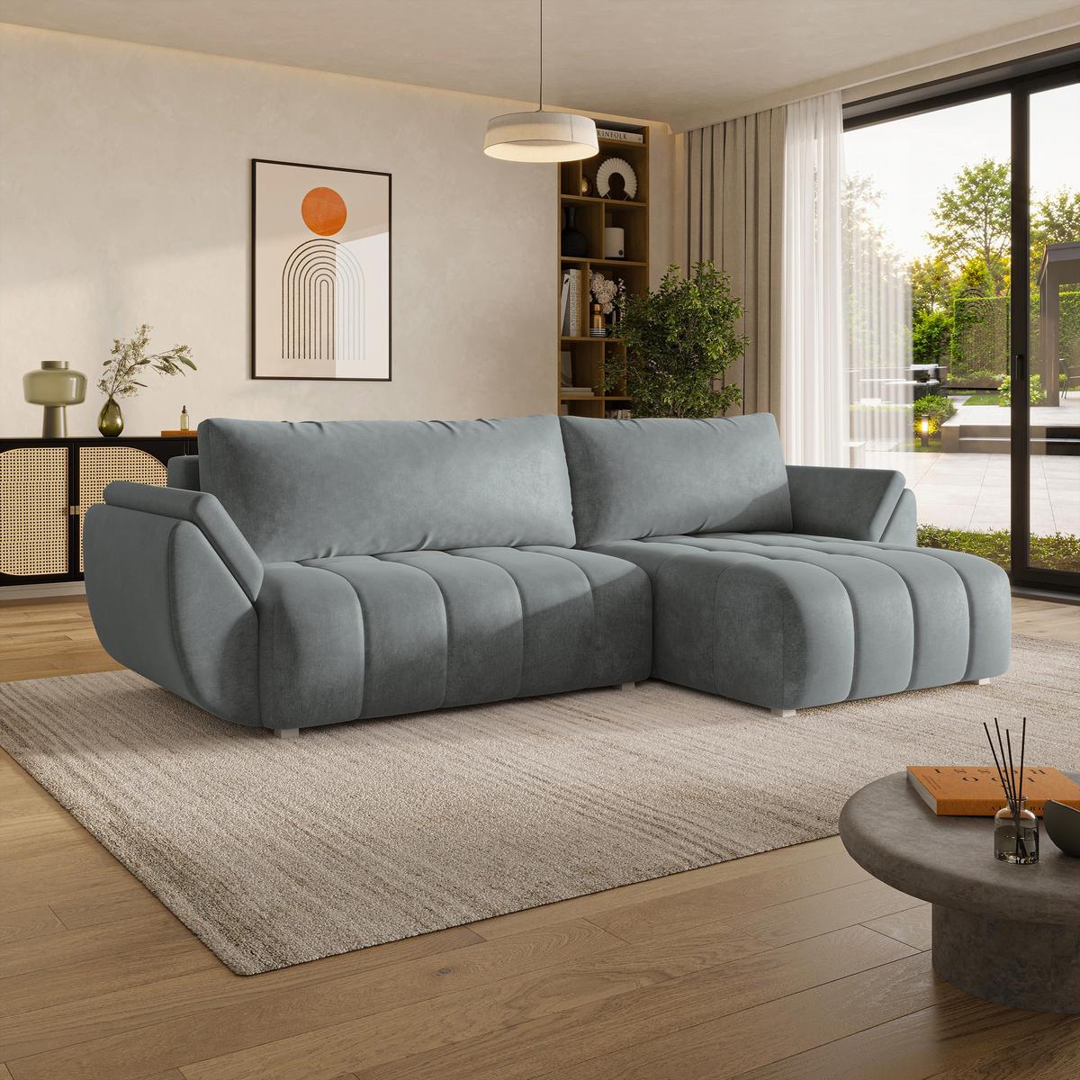 ECKSOFA OLSI Grau Velours-Stoff mit Schlaffunktion - Grau, Holz (285/148cm) - MASSENO