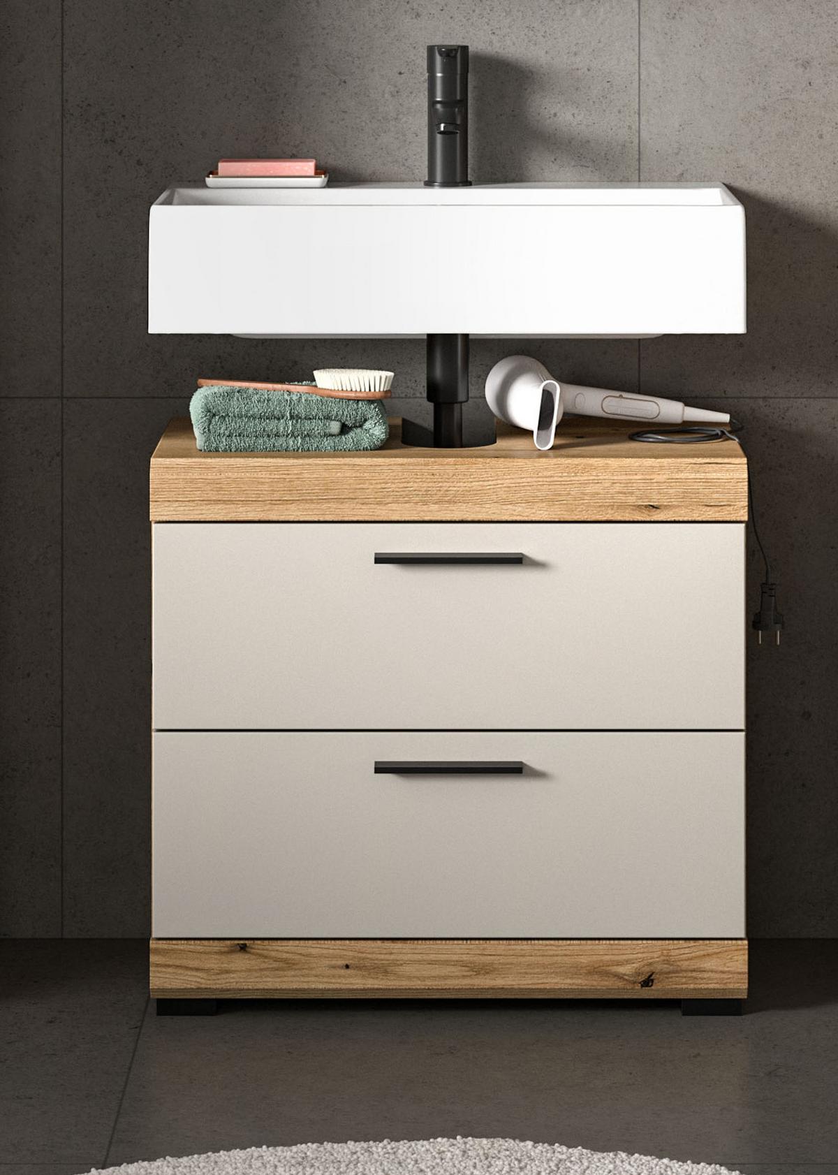 WASCHBECKENUNTERSCHRANK Sand Kaschmir, Evoke Eiche, Badezimmer Unterschrank 60 cm mit Schubkästen - Kaschmir/Eichefarben, Holzwerkstoff/Kunststoff (60/56/34cm) - Inn.Furn
