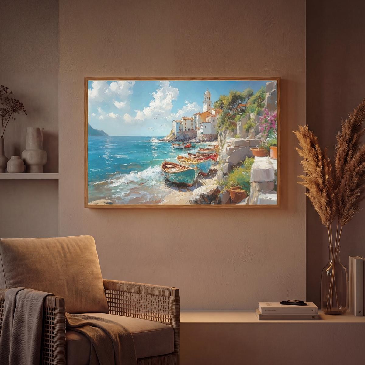 WANDLEUCHTE MIT AKKU Boote - Felsen - Meer - Sonne 100x70 cm - Blau, Holzwerkstoff (100/70/8cm) - OnlyWow