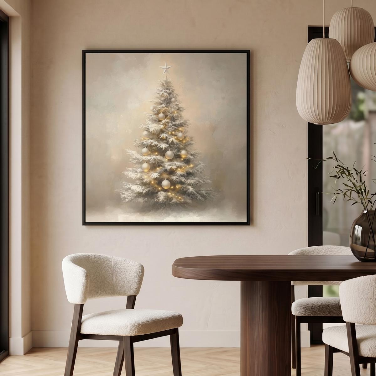 LEINWAND Bilder mit Rahmen - Weihnachten - Weihnachtsbaum - Schnee - Kunst - 90x90 - Champagner, Textil (90/90cm) - MuchoWow
