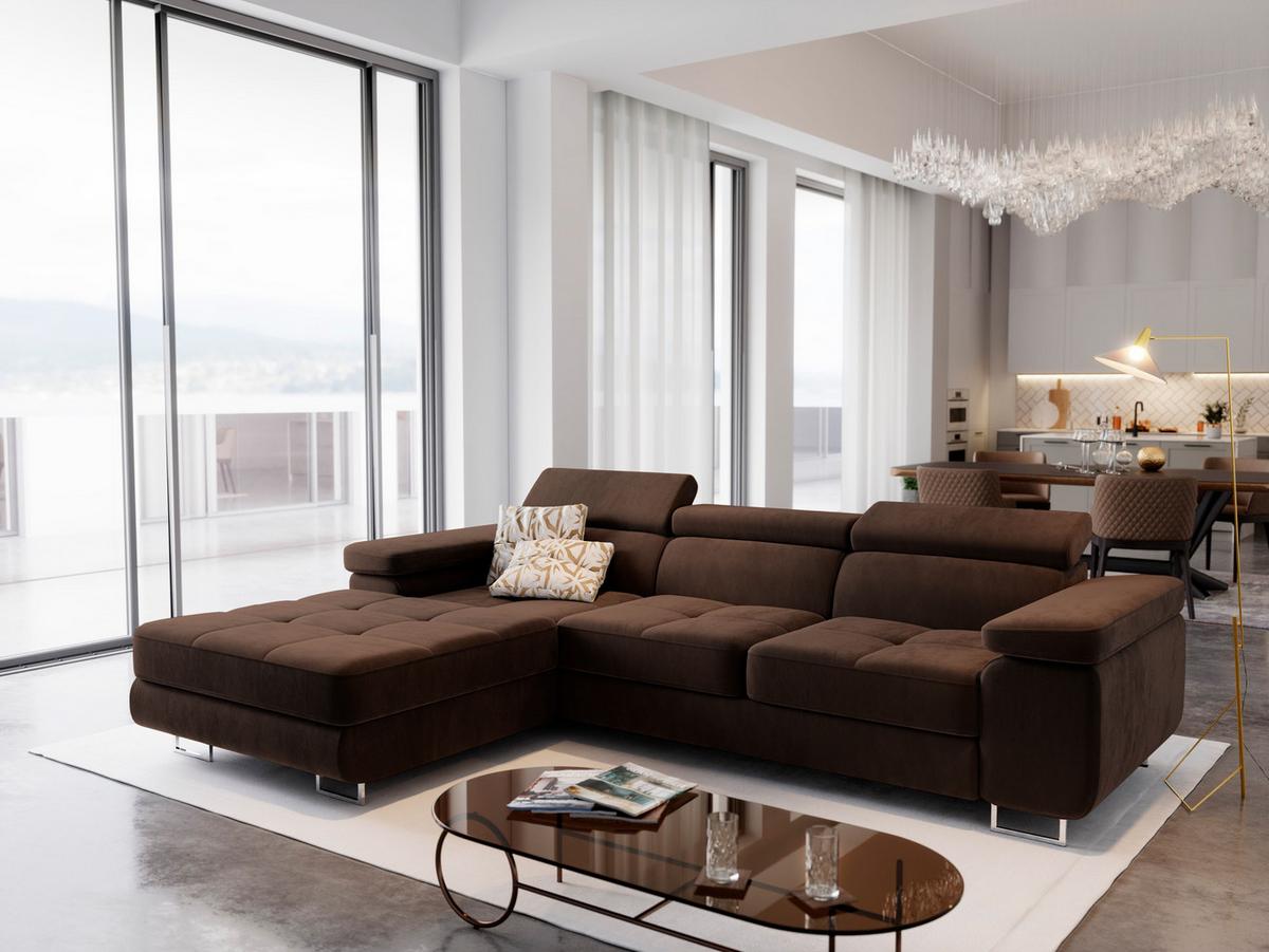 ECKSOFA ELMA L-S Braun Velours-Stoff mit Schlaffunktion - Silberfarben/Braun, Holz/Textil (280/205cm) - MASSENO