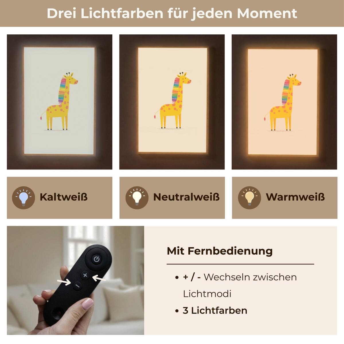 WANDLEUCHTE MIT AKKU Giraffe - Regenbogenmähne - Beige 60x90 cm - Beige, Holzwerkstoff (60/90/8cm) - OnlyWow