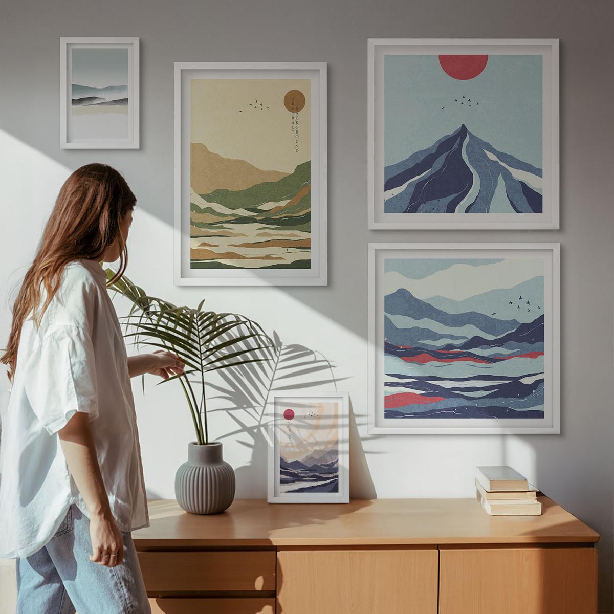 BILDER SET 5er Set - 50x50 cm & 20x30 cm & 40x60 cm Weißer Rahmen - Berge minimalistische Pastellfarben - Weiß, Kunststoff (40/60cm) - TULUP
