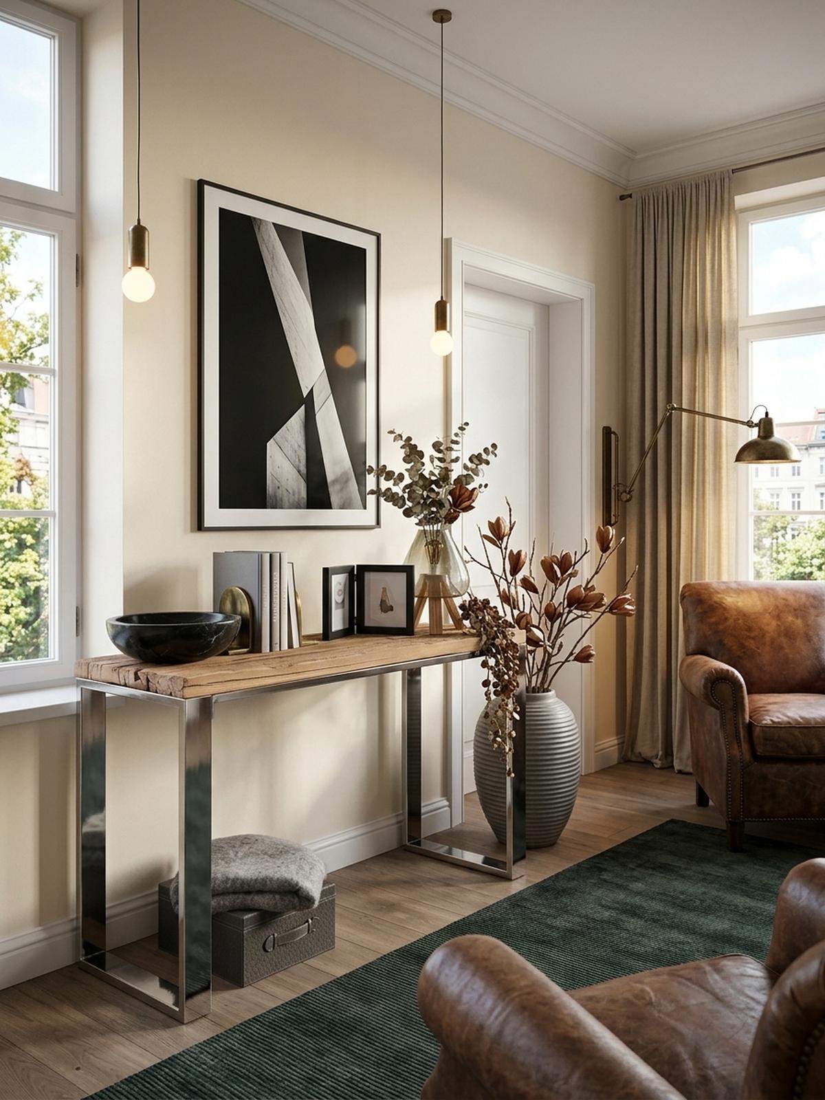 KONSOLENTISCH – Massivholz/Metall, 115 cm, Industrial-Stil, mit Schubladen - Beige/Silberfarben, Holz/Metall (46/115/76cm) - KADIMA DESIGN