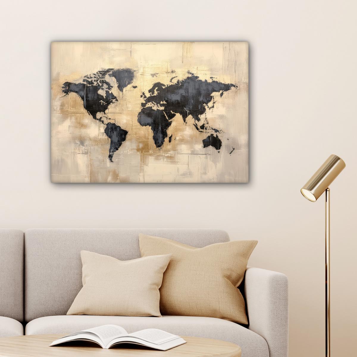 LEINWANDBILD Weltkarte - Gold - Schwarz - Abstrakt Wandbilder 80x60 cm - Kupferfarben, Textil (80/60cm) - MuchoWow