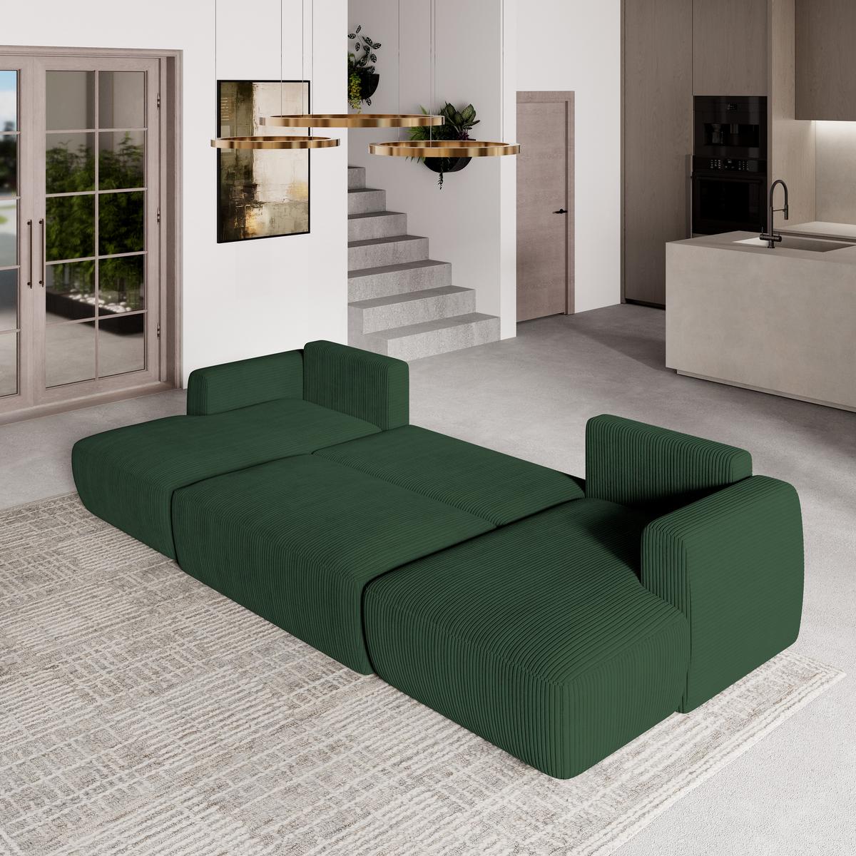 WOHNLANDSCHAFT SENTUM P Grün Kordstoff mit Schlaffunktion - Schwarz/Grün, Holz/Kunststoff (330/90/148cm) - MASSENO