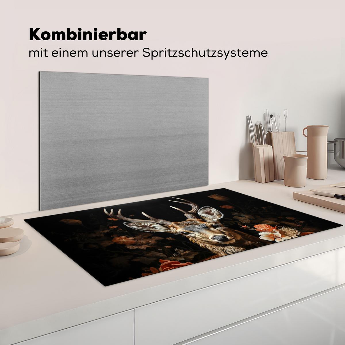 HERDABDECKPLATTE Hirsch - Tier - Blumen - Natur - Botanisch Induktionsschutz 91.6x52.7 cm - Kupferfarben, Kunststoff (91.6/52.7/0.2cm) - MuchoWow