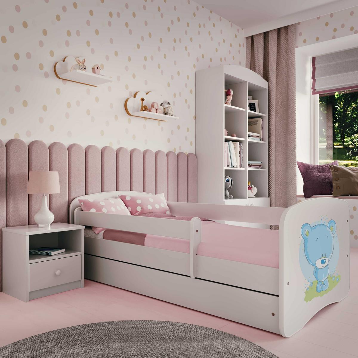 KINDERBETT blauer Teddybär Blumen mit Schublade und Matratze 140/70 - Weiß, Holzwerkstoff (70/140cm) - RAUMHIRSCH FURNITURE