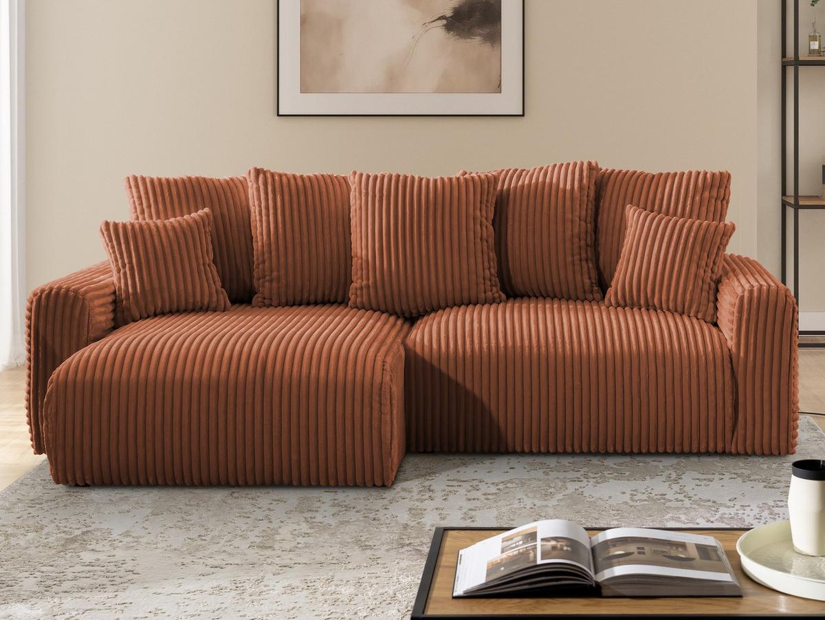 ECKSOFA Calma mit Schlaffunktion und Bettkasten im Bumpy-Design aus weichem Terrakotta Plüschcord - Ottomane links - Terracotta/Schwarz, Holz/Kunststoff (239/140cm) - S-Style