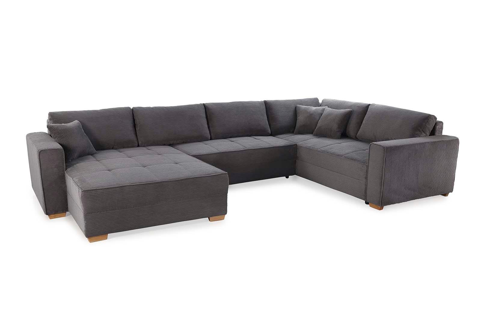 WOHNLANDSCHAFT Schlaffunktion Bettkasten Wellenunterfederung, spiegelverkehrt montierbar U-Form B379/T227/H86 cm, Cord Dunkelgrau / 15198 - Dunkelgrau/Eichefarben, Holz/Textil (379/86/227cm) - luma-home