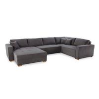 WOHNLANDSCHAFT Schlaffunktion Bettkasten Wellenunterfederung, spiegelverkehrt montierbar U-Form B379/T227/H86 cm, Cord Dunkelgrau / 15198 - Dunkelgrau/Eichefarben, Holz/Textil (379/86/227cm) - luma-home