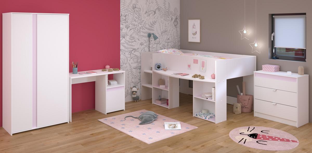 KINDERZIMMER Set 4-teilig, Hochbett 90x200 Kommode Schreibtisch und Kleiderschrank - Weiß, Holzwerkstoff (203/182/132cm) - Parisot Meuble