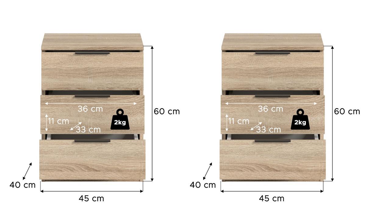 NACHTTISCH 2er Set Eiche Sonoma 45 x 60 cm, Nachtkommode in Komforthöhe - Eichefarben/Schwarz, Holzwerkstoff/Kunststoff (45/60/40cm) - Inn.Furn