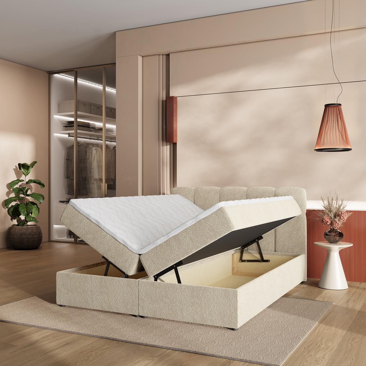 BOXBETT MERU 140x200 cm mit Matratze und Topper - Creme - Creme, Holz (140/200cm) - MASSENO