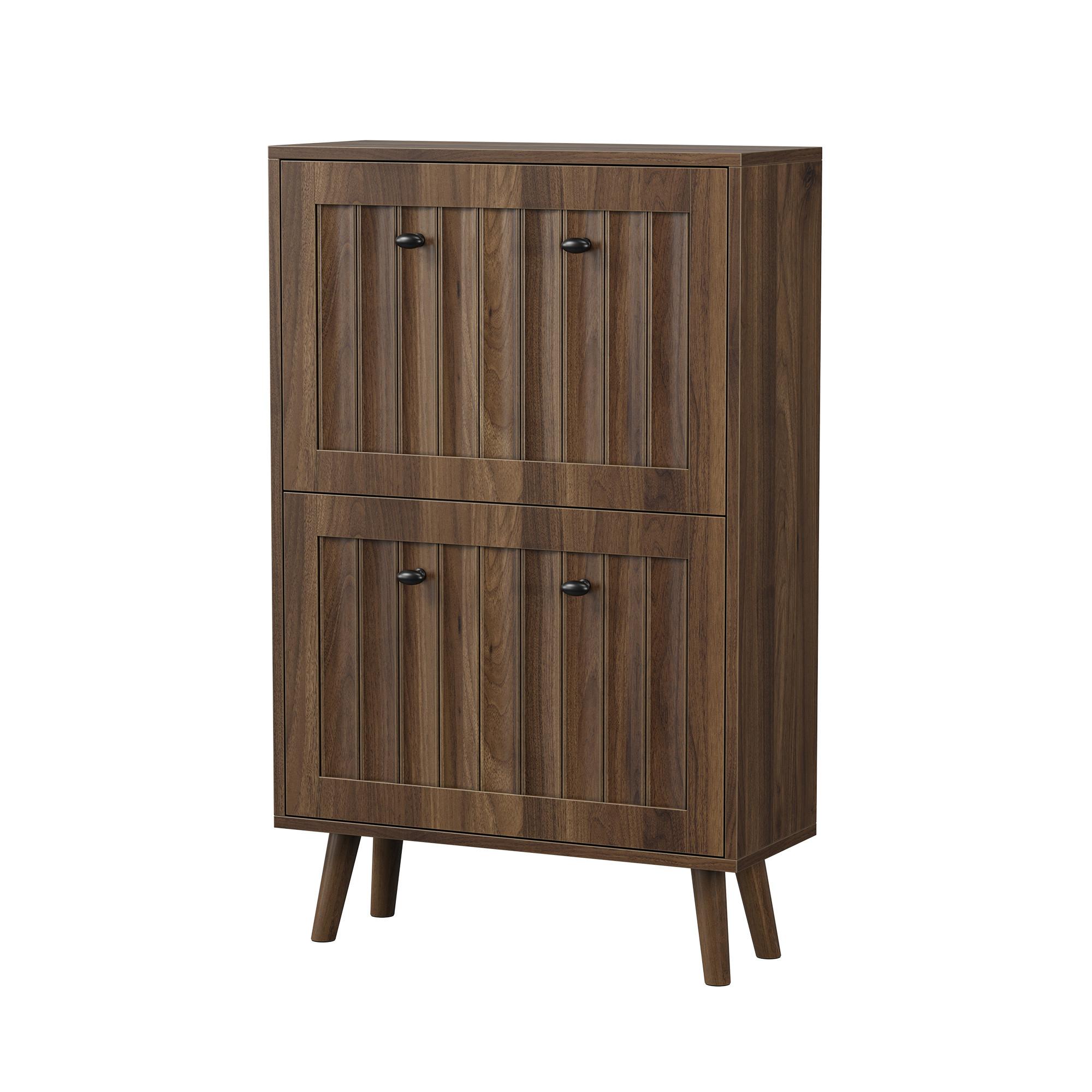 SCHUHSCHRANK walnuss-optik & rillen-design mit kippfächern & 24 cm tiefe - Walnussfarben, Holzwerkstoff (60/95/24cm) - Urban Meuble