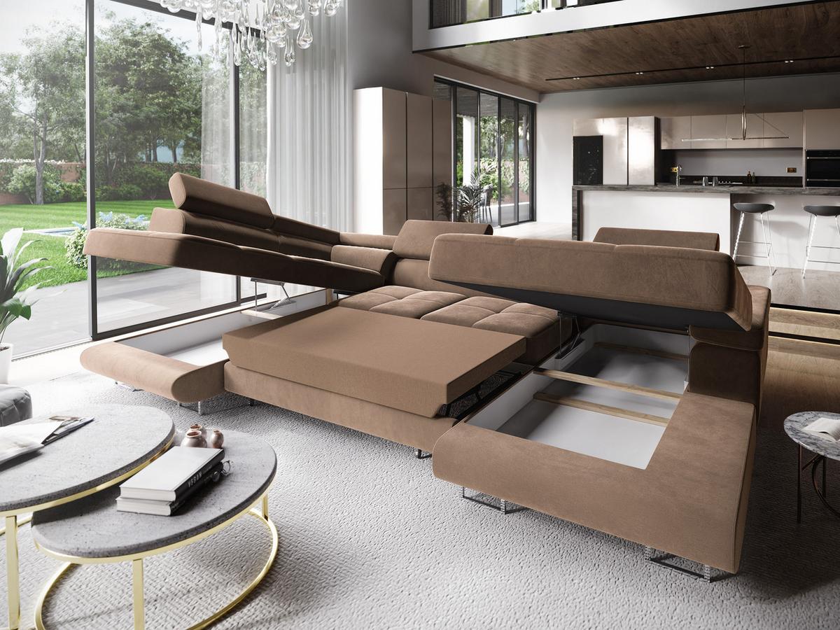 WOHNLANDSCHAFT CASONE L-S Beige Velours-Stoff mit Schlaffunktion - Beige/Silberfarben, Holz/Textil (345/90/202cm) - MASSENO