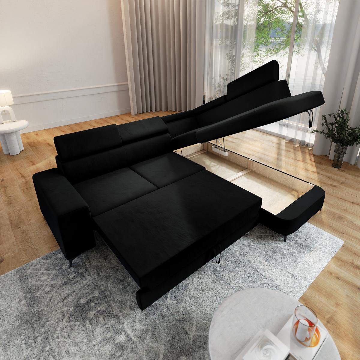 ECKSOFA ALVORO R-S Schwarz Velours-Stoff mit Schlaffunktion - Schwarz, Holz (253/190cm) - MASSENO