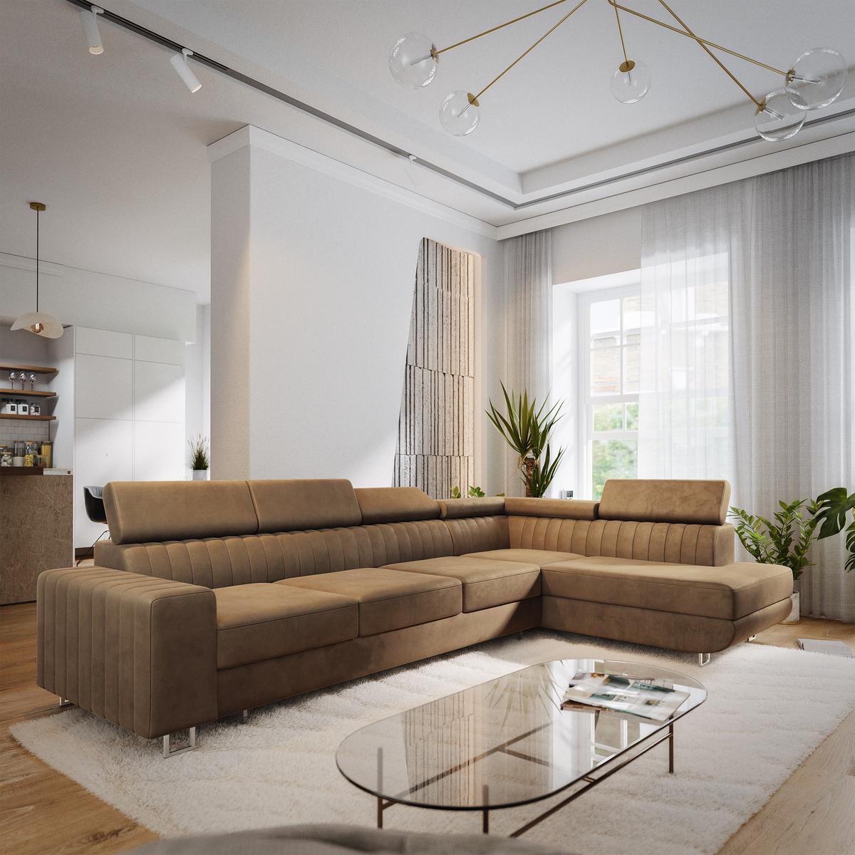 ECKSOFA HESTION Beige Velours-Stoff mit Schlaffunktion - Beige, Holz (332/190cm) - MASSENO