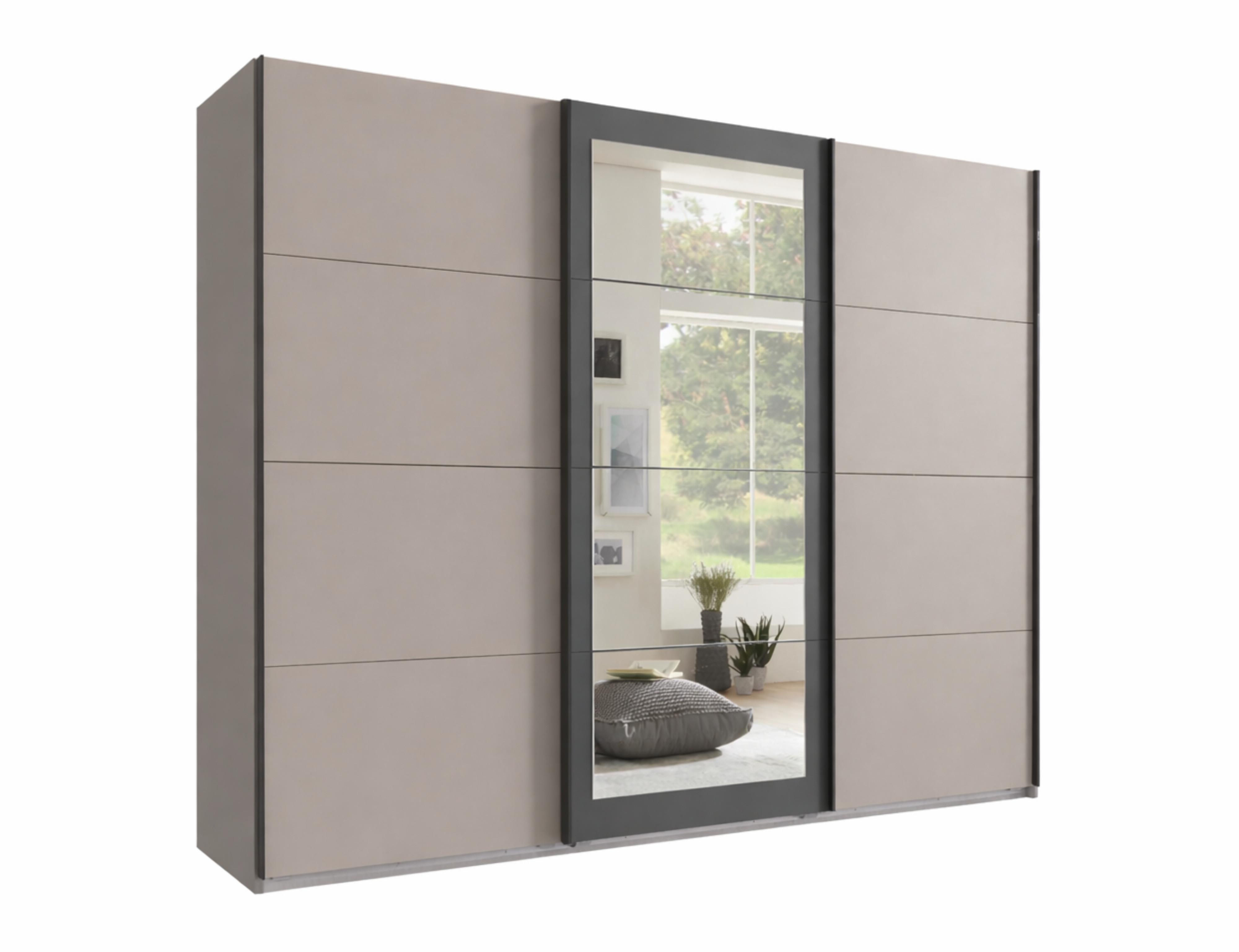 SCHWEBETÜRENSCHRANK 3-türig B270/H210/T65 cm, Spiegeltür, Kleiderschrank in Sandgrau mit Absetzungen in Anthrazit / 22007 - Sandfarben/Anthrazit, Holzwerkstoff/Metall (270/208/65cm) - luma-home