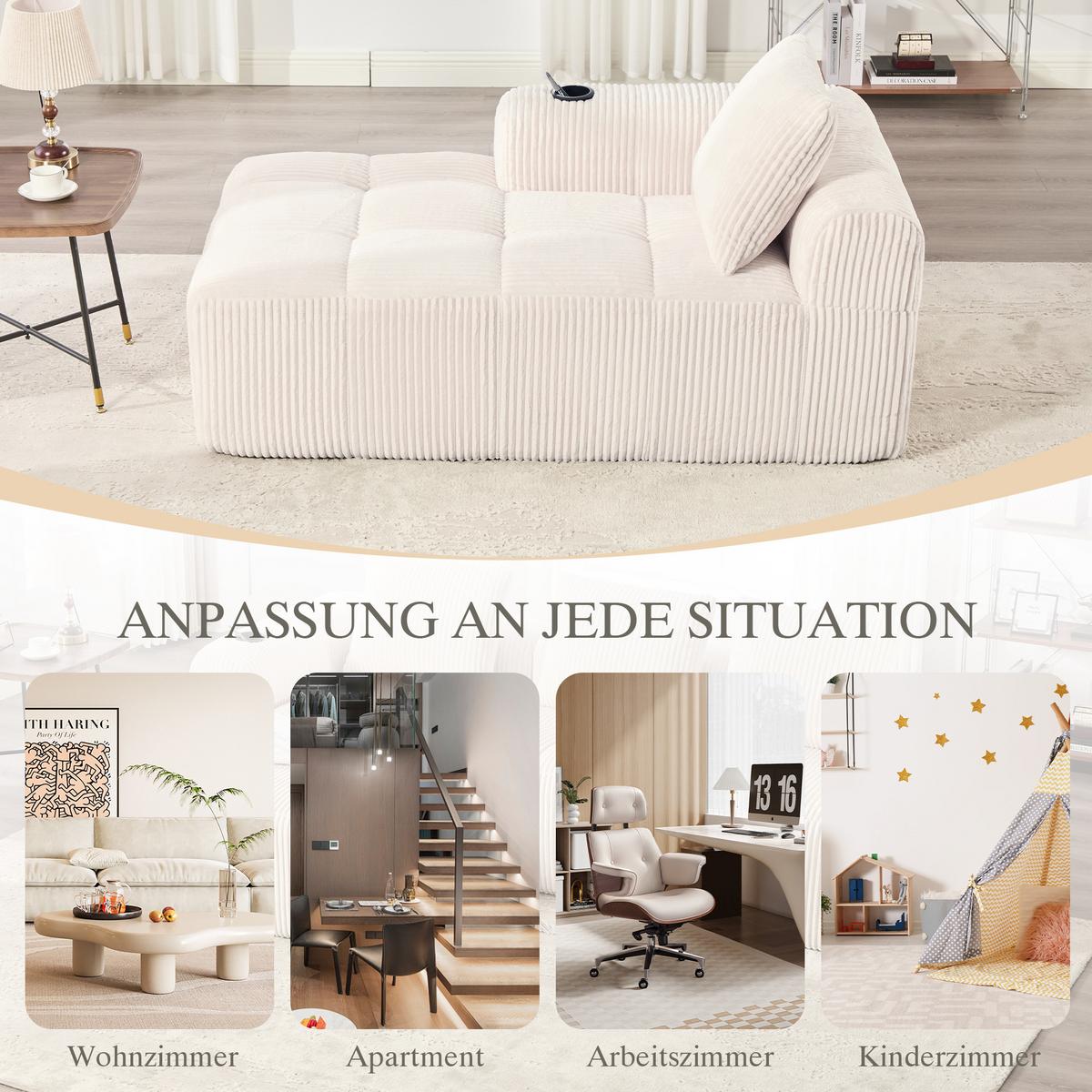 CHAISELONGUE in Cord (158 cm) mit Getränkehalter & Seitentaschen - Beige, Textil (158/61/93cm) - Urban Meuble