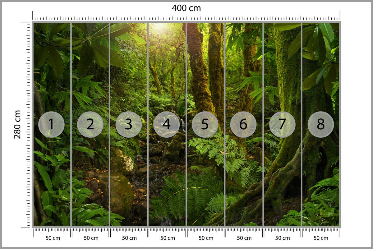 FOTOTAPETE für Wohnzimmer Wilder Dschungel Exotische Bäume Blätter 400x280 - Gelb/Braun, Papier (400/280cm) - Muralo
