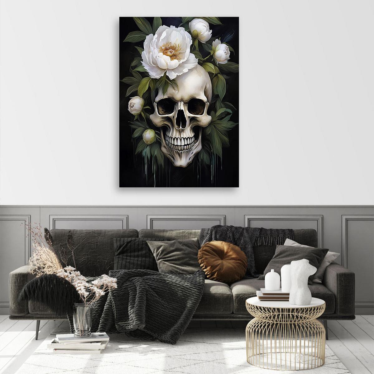 WANDBILD schädel weiße pfingstrosen blumen - Grün, Textil (40/60cm) - Feeby