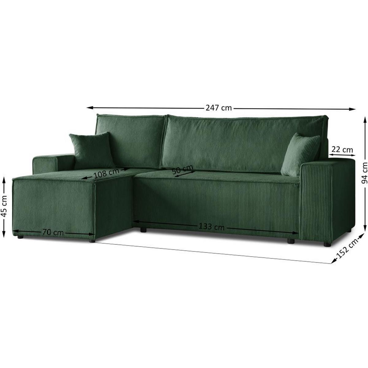 ECKSCHLAFSOFA mit Schlaffunktion Hektor, 247 cm, Ottomane 70 cm, dunkelgrün - Dunkelgrün/Schwarz, Kunststoff/Textil (247/152cm) - Beautysofa