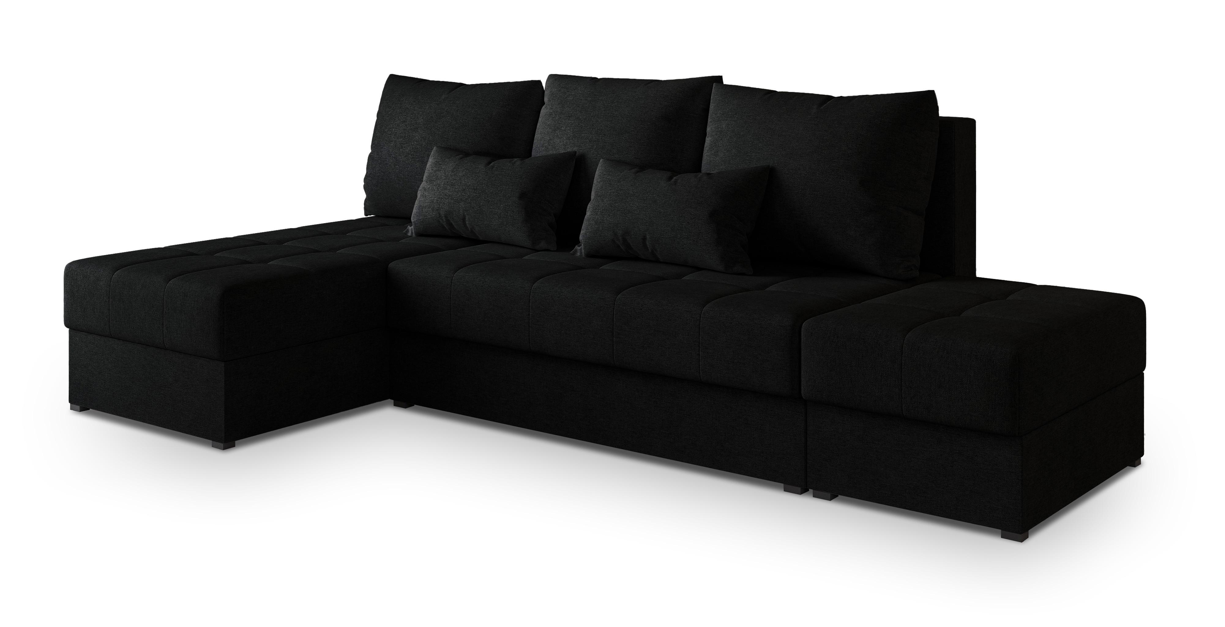 ECKSOFA NORVI Schwarz Geflochtener Stoff mit Schlaffunktion - Schwarz, Holz (251/143cm) - MASSENO
