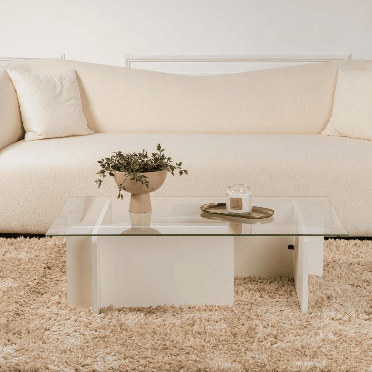 COUCHTISCH mit Tischplatte aus gehärtetem Glas 105/65/30 cm - Eiche Bianco, Holzwerkstoff (110/65/30cm) - Calicosy