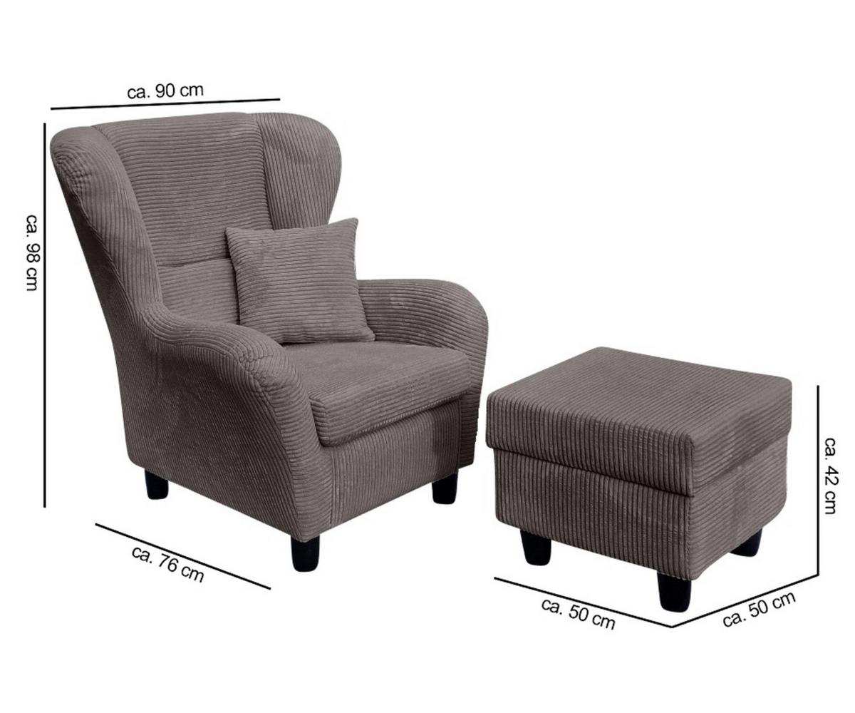 OHRENSESSEL mit HOCKER, hoher Sitzkomfort durch Wellenunterfederung B90/H98/T76 cm, Cord Grau / 18019 - Schwarz/Grau, Holz/Textil (90/98/76cm) - luma-home