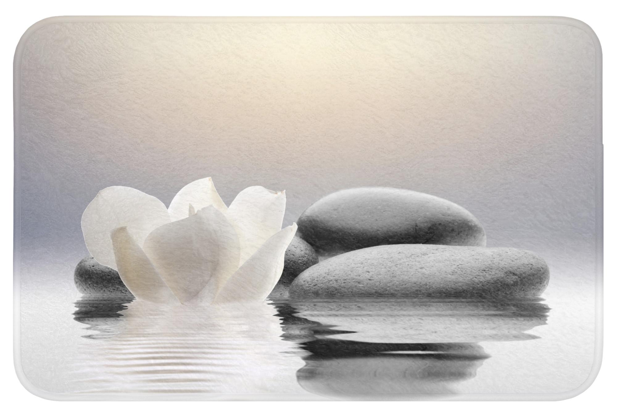BADEMATTE Steine - Lotus - Weiß - Wasser - Zen Rutschfest 60x40 cm - Weiß, Textil (60/40cm) - OnlyWow